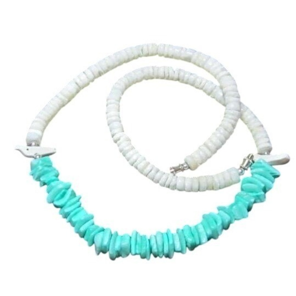 Vintage Necklace White & Turquoise Shell Beads 16" Beach Surfer Necklace